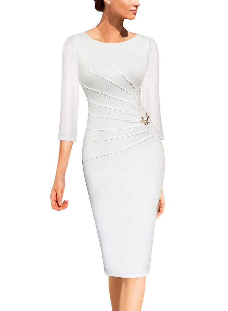 VFSHOW Womens Ruched Cocktail Party Elegant Work Business Office Bodycon Pencil Sheath Off-White Ivory Dress 6577 WHT L - Image 1